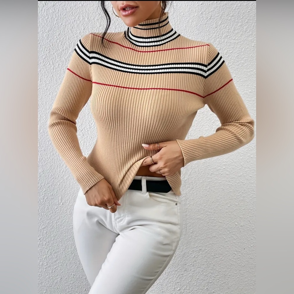 Striped Tan Turtleneck Sweater